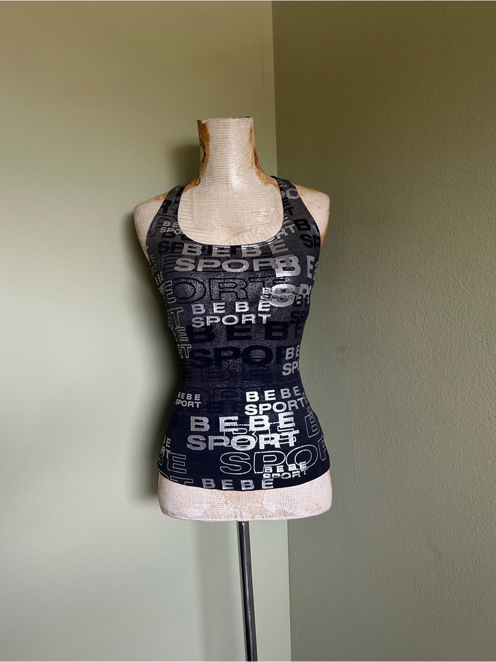 bebe Sport Black with Silver Logo Stretch Racerback Tank
